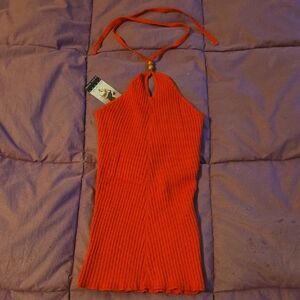 Sofia Vergara Bright Red Halter Keyhole Tie Neck Ribbed Knit Top NWT Size S